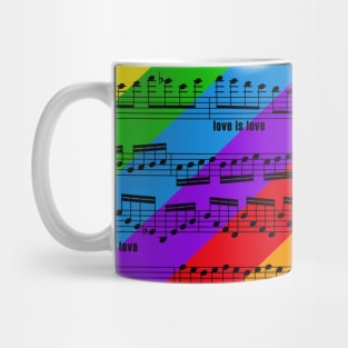 love is love - pride music notes - sheet music black on rainbow Mug